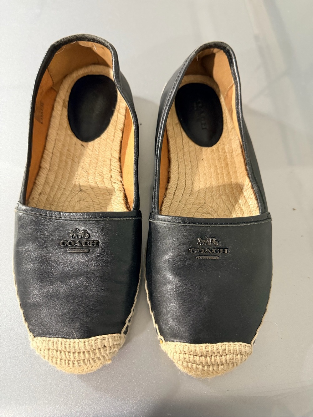 Coach Black Leather Espadrille Slip-Ons with Natural Jute Toe